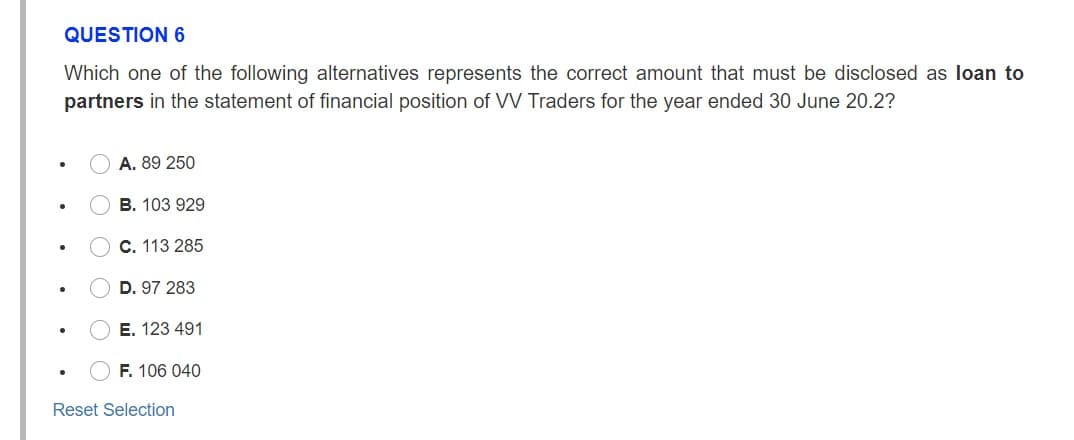 QUESTION 6
Which one of the following alternatives represents the correct amount that must be disclosed as loan to
partners in the statement of financial position of VV Traders for the year ended 30 June 20.2?
A. 89 250
B. 103 929
С. 113 285
D. 97 283
E. 123 491
F. 106 040
Reset Selection
