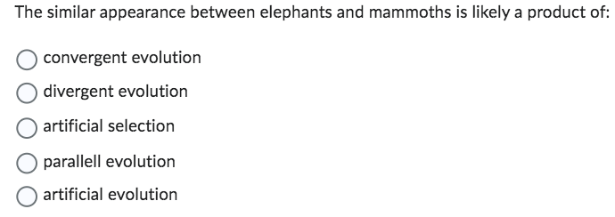 The similar appearance between elephants and mammoths is likely a product of:
convergent evolution
divergent evolution
artificial selection
parallell evolution
artificial evolution