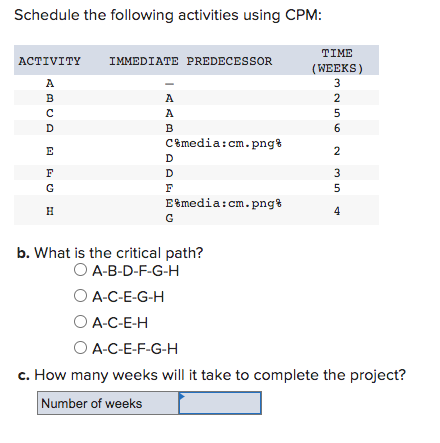 Schedule the following activities using CPM:
ACTIVITY IMMEDIATE PREDECESSOR
ABCD
E
A AU
F
G
H
A
A
B
Comedia:cm.png
D
D
F
Etmedia:cm.png?
G
TIME
(WEEKS)
3256
2
3
5
4
b. What is the critical path?
O A-B-D-F-G-H
O A-C-E-G-H
O A-C-E-H
O A-C-E-F-G-H
c. How many weeks will it take to complete the project?
Number of weeks