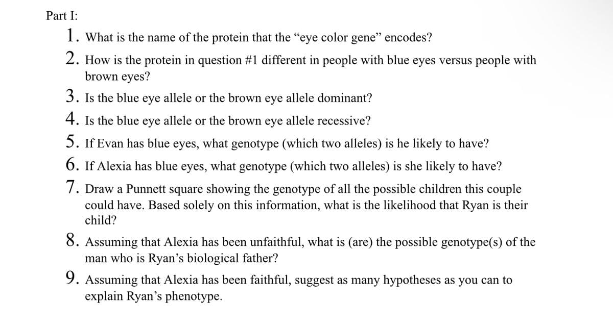 Part I:
1. What is the name of the protein that the "eye color gene" encodes?
2. How is the protein in question #1 different in people with blue eyes versus people with
brown eyes?
3. Is the blue eye allele or the brown eye allele dominant?
4. Is the blue eye allele or the brown eye allele recessive?
5. If Evan has blue eyes, what genotype (which two alleles) is he likely to have?
6. If Alexia has blue eyes, what genotype (which two alleles) is she likely to have?
7. Draw a Punnett square showing the genotype of all the possible children this couple
could have. Based solely on this information, what is the likelihood that Ryan is their
child?
8. Assuming that Alexia has been unfaithful, what is (are) the possible genotype(s) of the
man who is Ryan's biological father?
9. Assuming that Alexia has been faithful, suggest as many hypotheses as you can to
explain Ryan's phenotype.