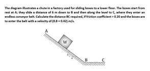 The diagramillutrates a chute in a factory used for aliding boxes to a lower flor. The boxes start from
rest at A they slide a distance of 6 m down to and then along the level to C, where they enter an
endless comveyor belt. Caloulate the distance BC required, frietion coetficlent - 0.20 and the boses are
to enter the belt witha velocity of (0.0A2) m.
B
