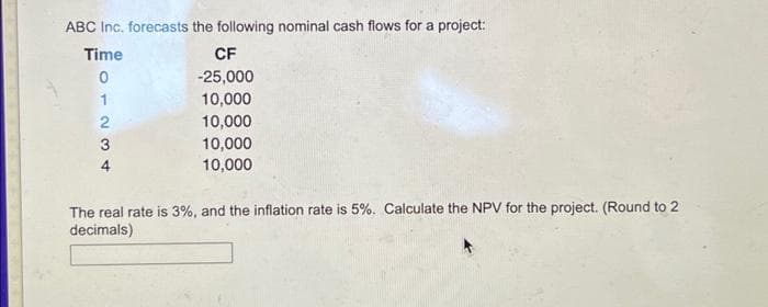 ABC Inc. forecasts the following nominal cash flows for a project:
Time
0
1234
CF
-25,000
10,000
10,000
10,000
10,000
The real rate is 3%, and the inflation rate is 5%. Calculate the NPV for the project. (Round to 2
decimals)