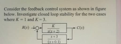Consider the feedback control system as shown in figure
below. Investigate closed loop stability for the two cases
where K = 1 and K= 3.
%3!
K
R(s) O+
C(s)
s(s+2)
S+3
(s+0.1)
