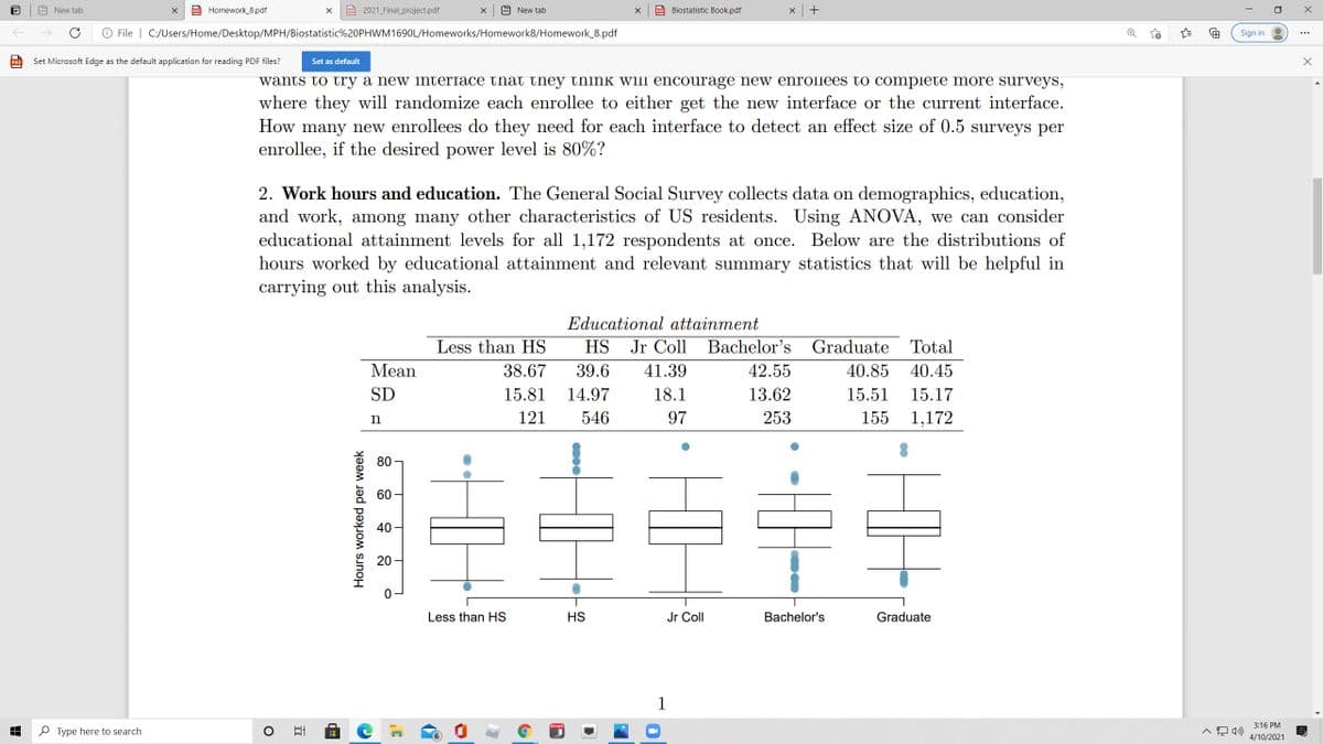 New tab
Po Homework_8.pdf
PDE 2021_Final_project.pdf
A New tab
Po Biostatistic Book.pdf
File | C:/Users/Home/Desktop/MPH/Biostatistic%20PHWM1690L/Homeworks/Homework8/Homework 8.pdf
Sign in
Set Microsoft Edge as the default application for reading PDF files?
Set as default
wants to try a new interiace that they think Will encourage new enrollees to compiete more surveys,
where they will randomize each enrollee to either get the new interface or the current interface.
How many new enrollees do they need for each interface to detect an effect size of 0.5 surveys per
enrollee, if the desired power level is 80%?
2. Work hours and education. The General Social Survey collects data on demographics, education,
and work, among many other characteristics of US residents. Using ANOVA, we can consider
educational attainment levels for all 1,172 respondents at once. Below are the distributions of
hours worked by educational attainment and relevant summary statistics that will be helpful in
carrying out this analysis.
Educational attainment
Less than HS
HS Jr Coll Bachelor's
Graduate Total
Мean
38.67
39.6
41.39
42.55
40.85
40.45
SD
15.81
14.97
18.1
13.62
15.51
15.17
121
546
97
253
155
1,172
80
60
40
20
Less than HS
HS
Jr Coll
Bachelor's
Graduate
1
3:16 PM
Type here to search
4/10/2021
近
Hours worked per week
