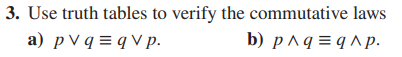 3. Use truth tables to verify the commutative laws
a) pvqqv p.
b) p^qq^P.