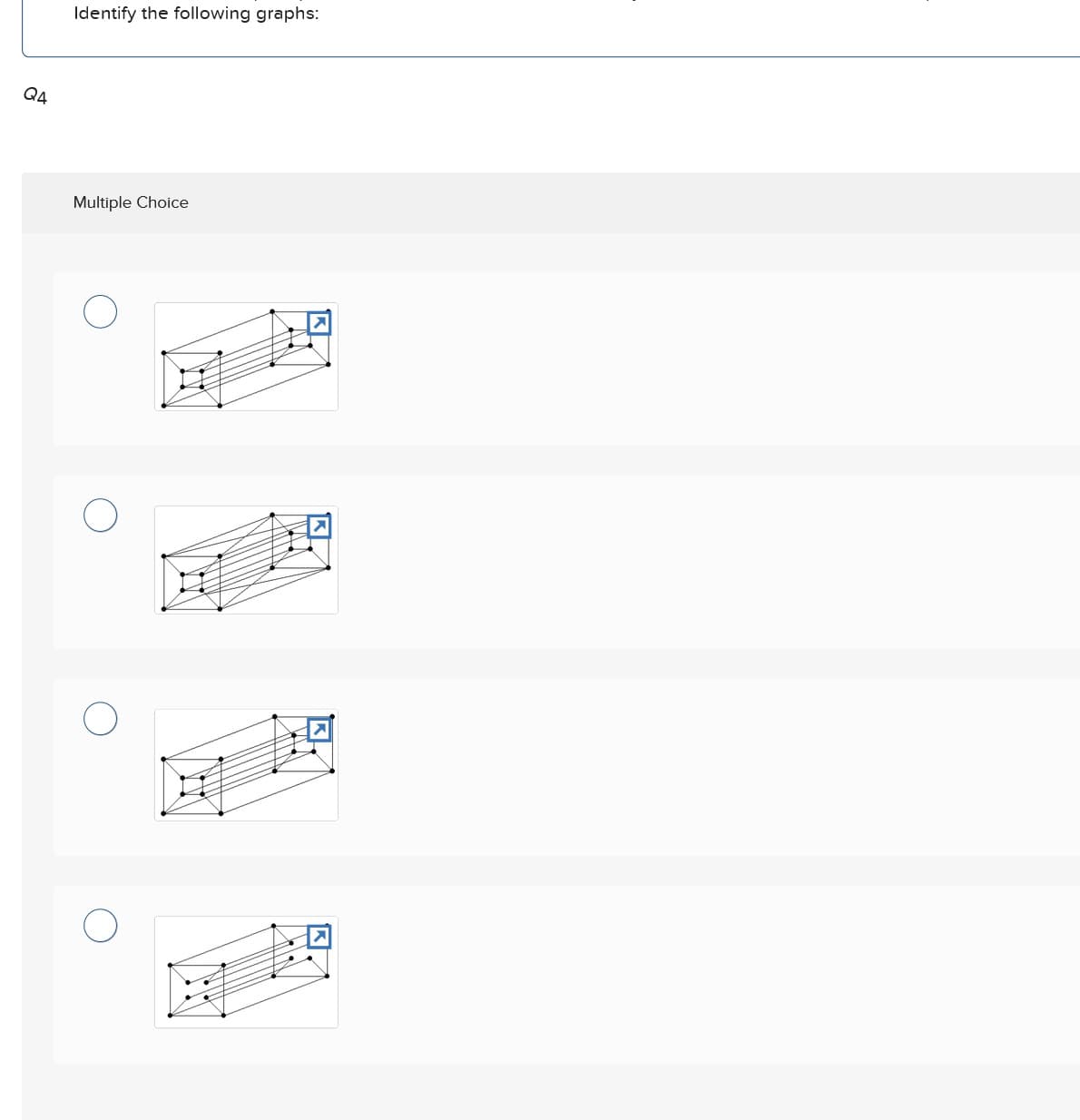 Q4
Identify the following graphs:
Multiple Choice
О