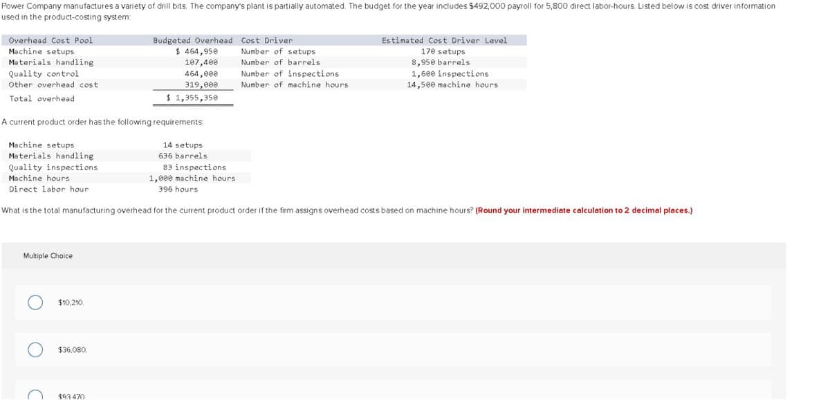 Power Company manufactures a variety of drill bits. The company's plant is partially automated. The budget for the year includes $492,000 payroll for 5,800 direct labor-hours. Listed below is cost driver information
used in the product-costing system:
Overhead Cost Pool
Machine setups
Materials handling
Quality control
Other overhead cost
Total overhead
Budgeted Overhead Cost Driver
Number of setups
Estimated Cost Driver Level
170 setups
8,950 barrels
$ 464,950
107,400
Number of barrels
464,000
319,000
Number of inspections
Number of machine hours
1,600 inspections
14,500 machine hours
$ 1,355,350
A current product order has the following requirements:
Machine setups
Materials handling
Quality inspections.
Machine hours
Direct labor hour
14 setups
636 barrels
83 inspections
1,000 machine hours
396 hours
What is the total manufacturing overhead for the current product order if the firm assigns overhead costs based on machine hours? (Round your intermediate calculation to 2 decimal places.)
Multiple Choice
$10,210.
$36,080.
$93 470
