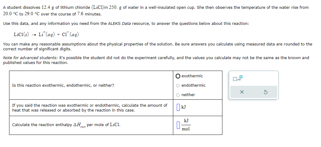 A student dissolves 12.4 g of lithium chloride (LiC1) in 250. g of water in a well-insulated open cup. She then observes the temperature of the water rise from
20.0 °C to 29.0 °C over the course of 7.6 minutes.
Use this data, and any information you need from the ALEKS Data resource, to answer the questions below about this reaction:
LiCl(s) → Li (aq) + C1 (aq)
You can make any reasonable assumptions about the physical properties of the solution. Be sure answers you calculate using measured data are rounded to the
correct number of significant digits.
Note for advanced students: it's possible the student did not do the experiment carefully, and the values you calculate may not be the same as the known and
published values for this reaction.
Is this reaction exothermic, endothermic, or neither?
If you said the reaction was exothermic or endothermic, calculate the amount of
heat that was released or absorbed by the reaction in this case.
Calculate the reaction enthalpy AH per mole of LiC1.
rxn
O exothermic
O endothermic
O neither
kJ
0
kJ
mol
X