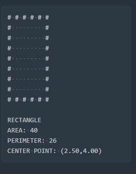 # # # # # #
#
#
#3
#
#
#
#
#
# # # # # #
RECTANGLE
AREA: 40
PERIMETER: 26
CENTER POINT: (2.50,4.00)
