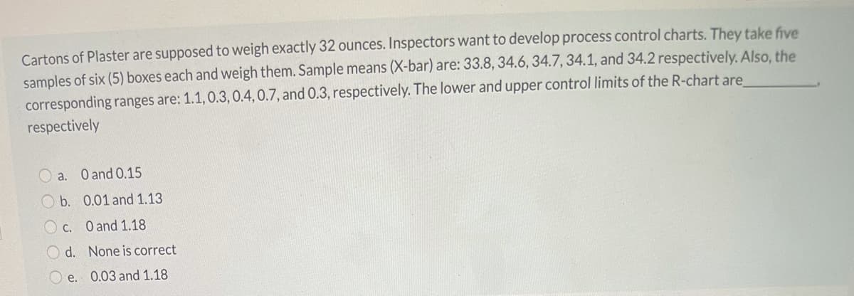 Cartons of Plaster are supposed to weigh exactly 32 ounces. Inspectors want to develop process control charts. They take five
samples of six (5) boxes each and weigh them. Sample means (X-bar) are: 33.8, 34.6, 34.7, 34.1, and 34.2 respectively. Also, the
corresponding ranges are: 1.1, 0.3, 0.4, 0.7, and 0.3, respectively. The lower and upper control limits of the R-chart are
respectively
O a. O and 0.15
O b. 0.01 and 1.13
O c. O and 1.18
O d. None is correct
O e. 0.03 and 1.18

