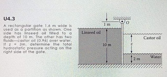 U4.3
A rectangular gate 1.6 m wide is
used as a partition as shown. One
side has linseed oil filled to a
depth of 10 m. The other has two
fluids-castor oil (0.96) over water.
If z = 3m, determine the total
hydrostatic pressure acting on the
right side of the gate.
Linseed oil
Castor oil
10 m
Water
2 m
