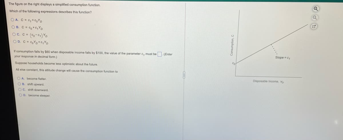 The figure on the right displays a simplified consumption function.
Which of the following expressions describes this function?
OA. C = c, + C,YD
O B. C = Co+C,YD
OC. C = (Co-C)YD
OD. C = c,YD+C, YD
If consumption falls by $60 when disposable income falls by $100, the value of the parameter c, must be . (Enter
your response in decimal form.)
Slope = c,
Suppose households become less optimistic about the future.
Co
All else constant, this attitude change will cause the consumption function to
O A. become flatter.
Disposable Income, Yo
O B. shift upward.
OC. shift downward.
OD. become steeper.
Consumption, C

