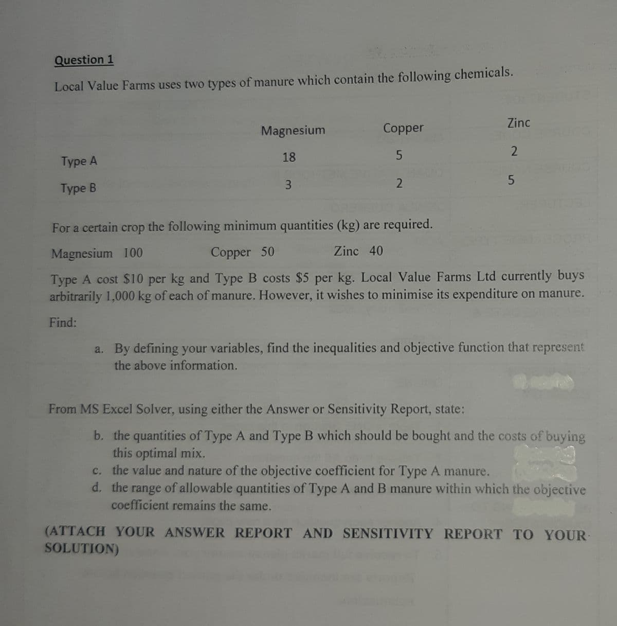 Question 1
Local Value Farms uses two types of manure which contain the following chemicals.
Type A
Type B
Magnesium
18
3
Copper
5
2
For a certain crop the following minimum quantities (kg) are required.
Magnesium 100
Zinc 40
Zinc
2
5
Copper 50
Type A cost $10 per kg and Type B costs $5 per kg. Local Value Farms Ltd currently buys
arbitrarily 1,000 kg of each of manure. However, it wishes to minimise its expenditure on manure.
Find:
a. By defining your variables, find the inequalities and objective function that represent
the above information.
From MS Excel Solver, using either the Answer or Sensitivity Report, state:
b. the quantities of Type A and Type B which should be bought and the costs of buying
this optimal mix.
c. the value and nature of the objective coefficient for Type A manure.
d. the range of allowable quantities of Type A and B manure within which the objective
coefficient remains the same.
(ATTACH YOUR ANSWER REPORT AND SENSITIVITY REPORT TO YOUR
SOLUTION)