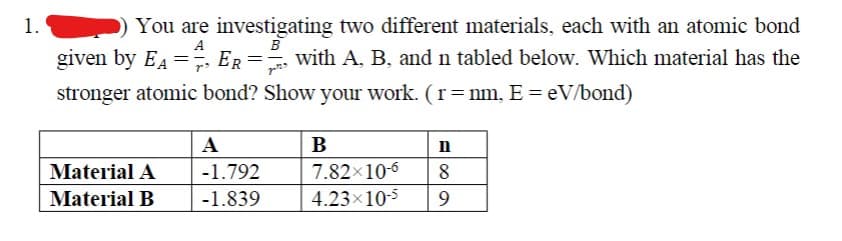 1.
A
B
You are investigating two different materials, each with an atomic bond
given by EA = 4, ER = with A, B, and n tabled below. Which material has the
stronger atomic bond? Show your work. (r = nm, E = eV/bond)
Material A
Material B
A
-1.792
-1.839
B
7.82×10-6
4.23x10-5
n
8
9