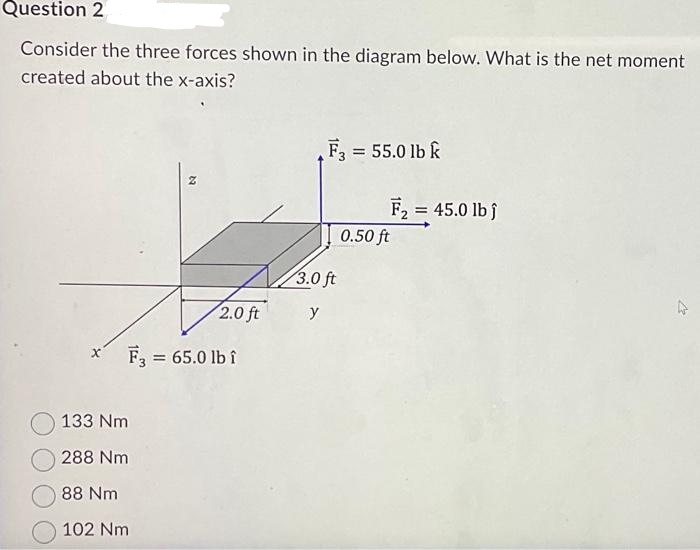 Question 2
Consider the three forces shown in the diagram below. What is the net moment
created about the x-axis?
x F3 = 65.0 lb î
133 Nm
288 Nm
88 Nm
2.0 ft
102 Nm
F3 = 55.0 lb k
3.0 ft
y
F₂ = 45.0 lb ĵ
0.50 ft