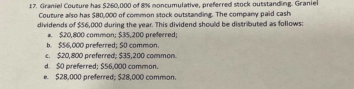 17. Graniel Couture has $260,000 of 8% noncumulative, preferred stock outstanding. Graniel
Couture also has $80,000 of common stock outstanding. The company paid cash
dividends of $56,000 during the year. This dividend should be distributed as follows:
a. $20,800 common; $35,200 preferred;
b. $56,000 preferred; $0 common.
c. $20,800 preferred; $35,200 common.
d. $0 preferred; $56,000 common.
e. $28,000 preferred; $28,000 common.