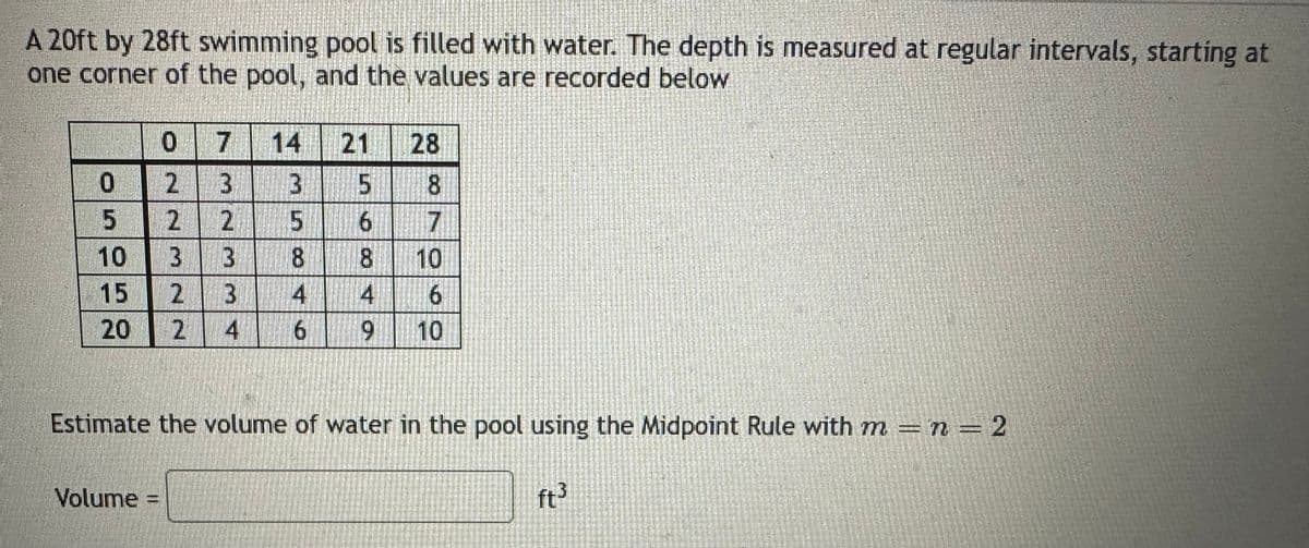 A 20ft by 28ft swimming pool is filled with water. The depth is measured at regular intervals, starting at
one corner of the pool, and the values are recorded below.
0
7 14 21
28
87840
2
3
3
5
2
2
5
6
10
3
3
8
8
10
15
2
3
4
4
20
2
4
6
9
10
87062
Estimate the volume of water in the pool using the Midpoint Rule with m =
Volume =
ft³
=n=2