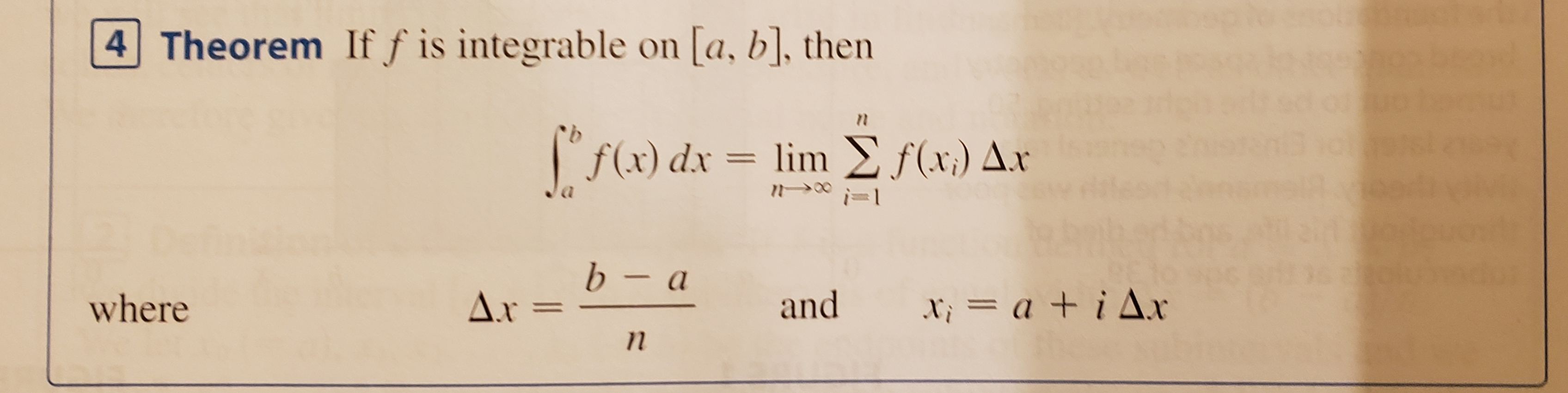 4 Theorem Iff is integrable on [a, b], then
nn
lim E f(x) Ax
f(x) dx
11
n00
=1
b- a
and
Xi= a + i Ar
Ax =
where
nn
