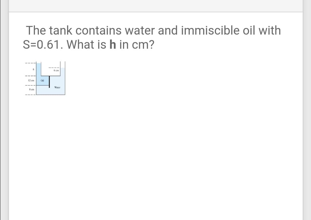 The tank contains water and immiscible oil with
S=0.61. What is h in cm?
--
6 cm
12 cm
Oil
Water
8 cm
