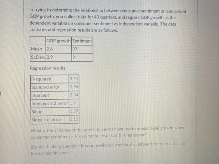 In trying to determine the relationship between consumer sentiment on annualized
GDP growth, you collect data for 40 quarters, and regress GDP growth as the
dependent variable on consumer sentiment as independent variable. The data
statistics and regression results are as follows:
GDP growth Sentiment
Mean 2.6
St.Dev. 2.9
97
9
Regression results:
R-squared
0.51
Standard error 0.56
Intercept
2.34
Intercept std. error 1.6
0.29
0.11
Slope
Slope std. error
What is the variance of the prediction error if you try to predict GDP growth when
consumer sentiment 95, using the results of this regression?
(Bonus thinking question: Is your prediction statistically different from zero at a 5%
level of significance?)