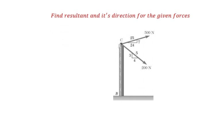Find resultant and it's direction for the given forces
500 N
25
17
24
3
4
200 N
