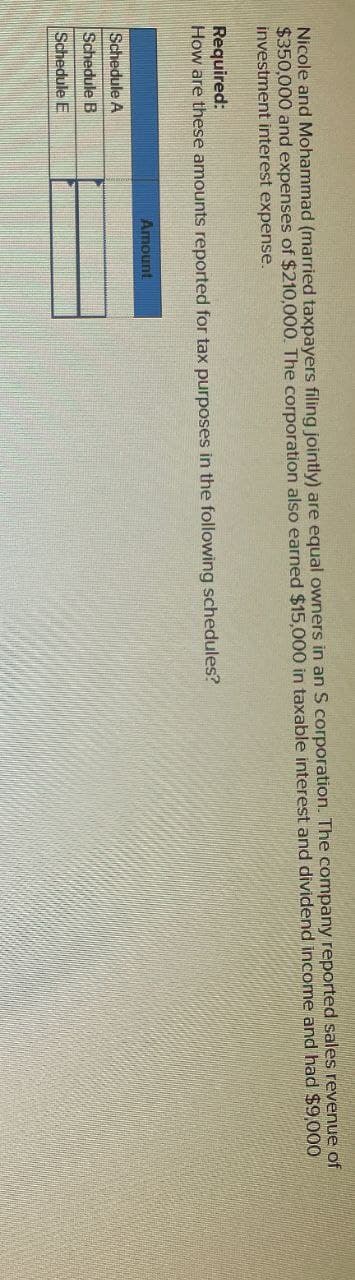 Nicole and Mohammad (married taxpayers filing jointly) are equal owners in an S corporation. The company reported sales revenue of
$350,000 and expenses of $210,000. The corporation also earned $15,000 in taxable interest and dividend income and had $9,000
investment interest expense.
Required:
How are these amounts reported for tax purposes in the following schedules?
Amount
Schedule A
Schedule B
Schedule E