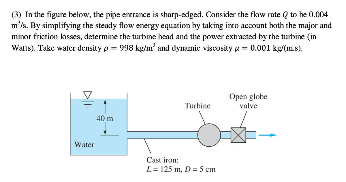 (3) In the figure below, the pipe entrance is sharp-edged. Consider the flow rate Q to be 0.004
m'/s. By simplifying the steady flow energy equation by taking into account both the major and
minor friction losses, determine the turbine head and the power extracted by the turbine (in
Watts). Take water density p = 998 kg/m' and dynamic viscosity u
= 0.001 kg/(m.s).
Open globe
valve
Turbine
40 m
Water
Cast iron:
L = 125 m, D = 5 cm
%3D
