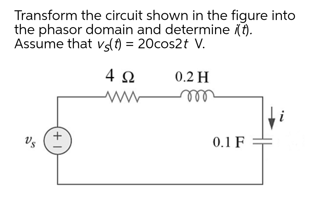 Transform the circuit shown in the figure into
the phasor domain and determine (t).
Assume that vdt) = 20cos2t V.
0.2 H
ll
Vs
0.1 F
