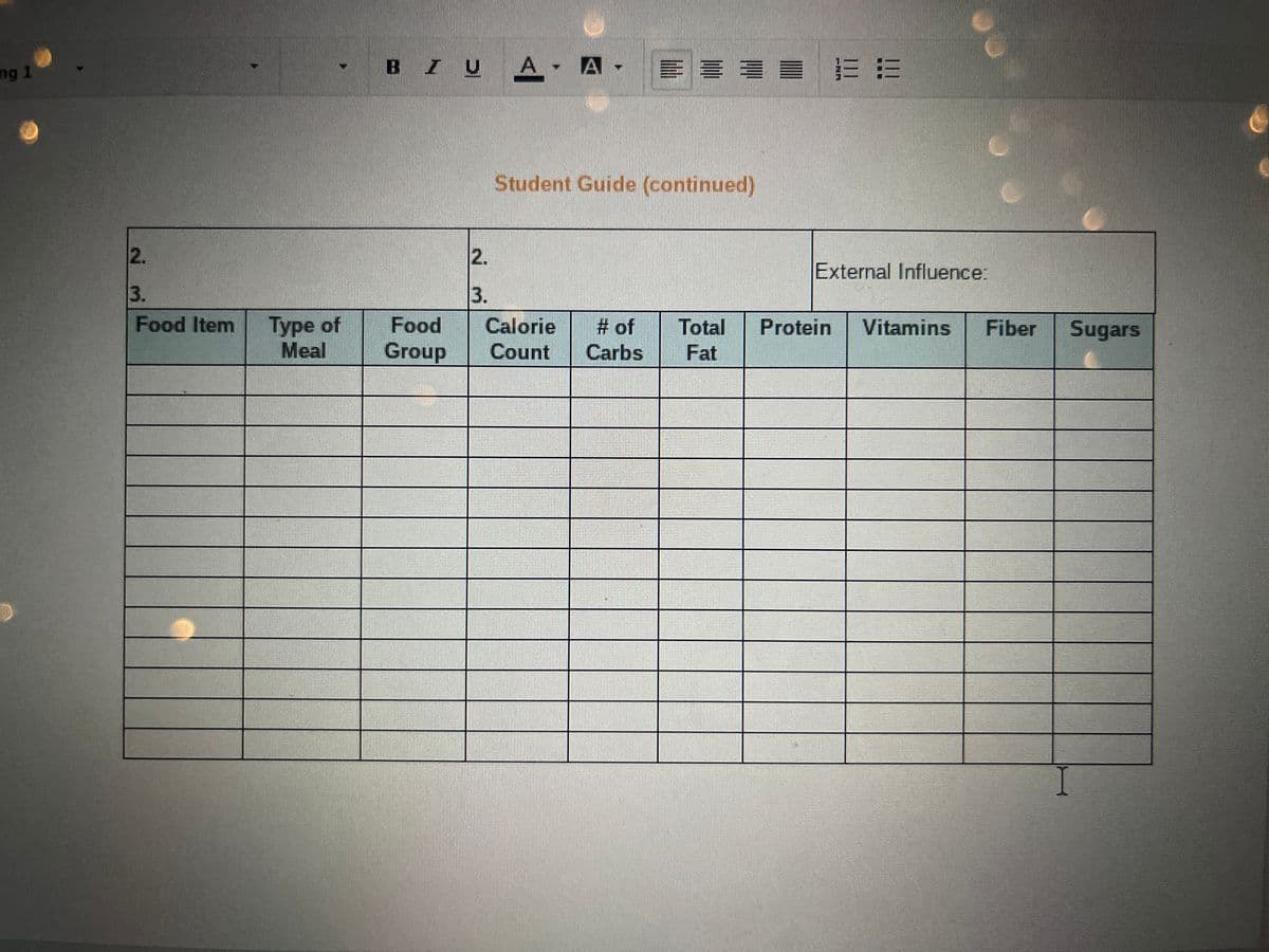 ng 1
BZU A A E
Student Guide (continued)
2.
2.
External Influence:
3.
13.
Food Item
Type of
Food
Meal
Group
Calorie
Count
# of
Carbs
Total Protein Vitamins Fiber Sugars
Fat