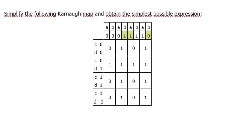 Simplify the following Karnaugh map and obtain the simplest possible expression:
abababab
0 0 0 1 1 1 1 0
C0
d 0
с 0
d 1
c 1
d 1
c 1
do
0
1
0
0
T
1
0
1
1
0
1
0 1
1