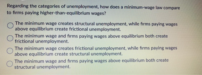 Regarding the categories of unemployment, how does a minimum-wage law compare
to firms paying higher-than-equilibrium wages?
The minimum wage creates structural unemployment, while firms paying wages
above equilibrium create frictional unemployment.
The minimum wage and firms paying wages above equilibrium both create
frictional unemployment.
The minimum wage creates frictional unemployment, while firms paying wages
above equilibrium create structural unemployment.
The minimum wage and firms paying wages above equilibrium both create
structural unemployment.