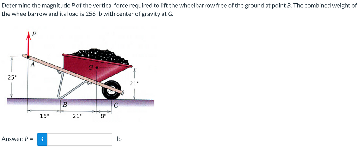 Determine the magnitude P of the vertical force required to lift the wheelbarrow free of the ground at point B. The combined weight of
the wheelbarrow and its load is 258 lb with center of gravity at G.
25"
P
A
Answer: P =
16"
B
21"
G
8"
lb
21"