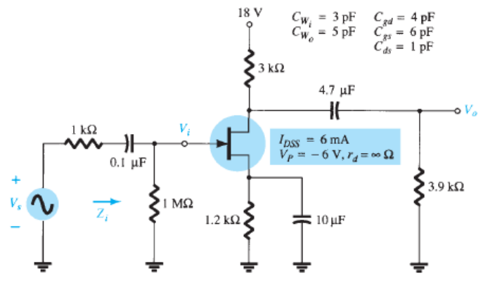 = 3 pF Czd = 4 pF
Cw.
18 V
= 5 pF C = 6 pF
Cwo
C4 = 1 pF
3 k2
4.7 µF
1 k2
Ipss = 6 mA
Vp = - 6 V, r4= 02
0.1 µF
3.9 k2
V,
I M2
1.2 k2
10 µF
