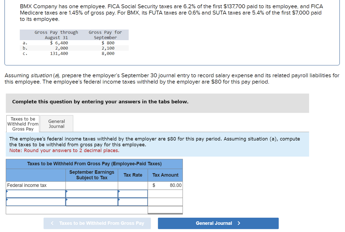 BMX Company has one employee. FICA Social Security taxes are 6.2% of the first $137,700 paid to its employee, and FICA
Medicare taxes are 1.45% of gross pay. For BMX, its FUTA taxes are 0.6% and SUTA taxes are 5.4% of the first $7,000 paid
to its employee.
a.
b.
C.
Gross Pay through
August 31
$ 6,400
2,000
131,400
Assuming situation (a), prepare the employer's September 30 journal entry to record salary expense and its related payroll liabilities for
this employee. The employee's federal income taxes withheld by the employer are $80 for this pay period.
Taxes to be
Withheld From
Gross Pay
Gross Pay for
September
$ 800
Complete this question by entering your answers in the tabs below.
2,100
8,000
General
Journal
Federal income tax
The employee's federal income taxes withheld by the employer are $80 for this pay period. Assuming situation (a), compute
the taxes to be withheld from gross pay for this employee.
Note: Round your answers to 2 decimal places.
Taxes to be Withheld From Gross Pay (Employee-Paid Taxes)
September Earnings Tax Rate
Subject to Tax
< Taxes to be Withheld From Gross Pay
Tax Amount
$
80.00
General Journal >