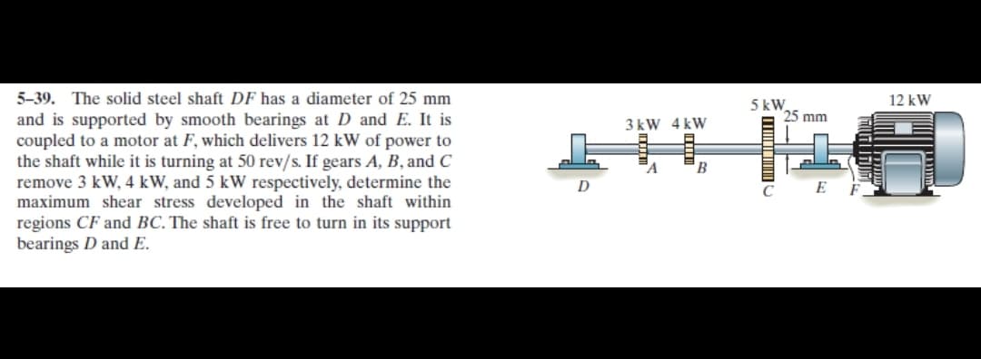 5-39. The solid steel shaft DF has a diameter of 25 mm
12 kW
5 kW
25 mm
and is supported by smooth bearings at D and E. It is
coupled to a motor at F, which delivers 12 kW of power to
the shaft while it is turning at 50 rev/s. If gears A, B, and C
remove 3 kW, 4 kW, and 5 kW respectively, determine the
maximum shear stress developed in the shaft within
regions CF and BC. The shaft is free to turn in its support
bearings D and E.
3 kW 4 kW
A.
D
