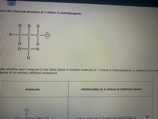 re is the chemical structure of 1-chlore-2-methypropane
HH H
H-C--c-ci:
H
H-C-H
H.
ide whether each molecule in the table below is anether molecule of 1-chlaro-2-methylpropane, a molecule of an i
Becule of an entirely different compound.
molecule
relationship to 1-chloro-2-methylpropane
CHeCH
