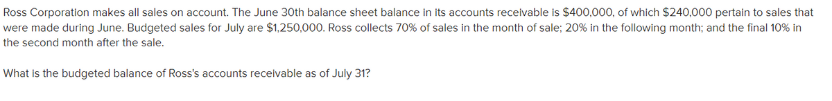 Ross Corporation makes all sales on account. The June 30th balance sheet balance in its accounts receivable is $400,000, of which $240,000 pertain to sales that
were made during June. Budgeted sales for July are $1,250,000. Ross collects 70% of sales in the month of sale; 20% in the following month; and the final 10% in
the second month after the sale.
What is the budgeted balance of Ross's accounts receivable as of July 31?