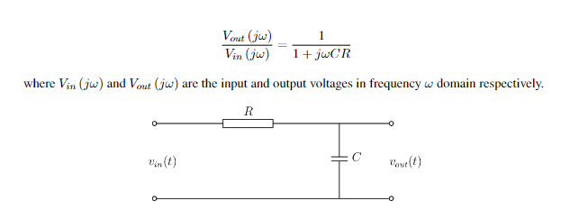 Vout (jw)
1
Vin (jw)
1+ jwCR
where Vin (jw) and Vout (jw) are the input and output voltages in frequency w domain respectively.
R
0
Vin (t)
Vout(t)