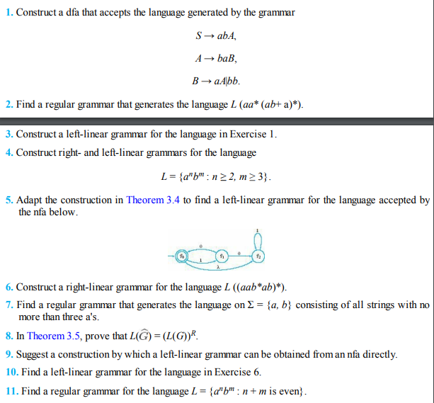 1. Construct a dfa that accepts the language generated by the grammar
S→ abA,
A→ baB,
B→ aAbb.
2. Find a regular grammar that generates the language L (aa* (ab+ a)*).
3. Construct a left-linear grammar for the language in Exercise 1.
4. Construct right- and left-linear grammars for the language
L = {a"b™ : n> 2, m² 3}.
5. Adapt the construction in Theorem 3.4 to find a left-linear grammar for the language accepted by
the nfa below.
6. Construct a right-linear grammar for the language L ((aab*ab)*).
7. Find a regular grammar that generates the language on E = {a, b} consisting of all strings with no
more than three a's.
8. In Theorem 3.5, prove that L(G) = (L(G))*.
9. Suggest a construction by which a left-linear grammar can be obtained from an nfa directly.
10. Find a left-linear grammar for the language in Exercise 6.
11. Find a regular grammar for the language L = {a"b™ : n + m is even}.
