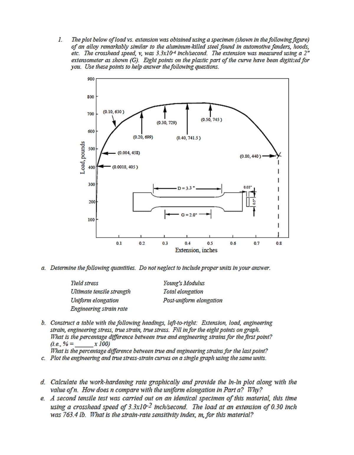 The plot below of load vs. extension was obtained using a specimen (shown in the following figure)
of an alloy remarkably similar to the aluminum-killed steel found in automotive fenders, hoods,
etc. The crosshead speed, v, was 3.3x104 inch/second. The extension was measured using a 2"
extensometer as shown (G). Eight points on the plastic part of the curve have been digitized for
you. Use these points to help answer the following questions.
1.
900
800
(0.10, 630 )
700
(0.50, 745)
(0.30, 729)
600
(0.20, 699)
(0.40, 741.5)
500-
(0.004, 458)
(0.80, 440 ) -
400
(0.0018, 405)
300
D= 3.3 "
0.03"
200
G=2.0"
100 -
0.1
0.2
0.3
0.4
0.5
0.6
0.7
0.8
Extension, inches
a. Determine the following quamtities. Do not neglect to include proper units in your answer.
Young's Modulus
Total elongation
Yield stress
Ultimate tensile strength
Uniform elongation
Engineering strain rate
Post-uniform elongation
b. Construct a table with the following headings, left-to-right: Extension, load, engineering
strain, engineering stress, true strain, true stress. Fill in for the eight points on graph.
What is the percentage difference between true and engineering strains for the first point?
(i.e., % =
What is the percentage difference between true and engineering strains for the last point?
c. Plot the engineering and true stress-strain curves on a single graph using the same units.
х 100)
d. Calculate the work-hardening rate graphically and provide the in-in plot along with the
value of n. How does n compare with the uniform elongation in Part a? Why?
e. A second tensile test was carried out on an identical specimen of this material, this time
using a crosshead speed of 3.3x102 inch/second. The load at an extension of 0.30 inch
was 763.4 lb. What is the strain-rate sensitivity index, m, for this material?
spunod 'proT
