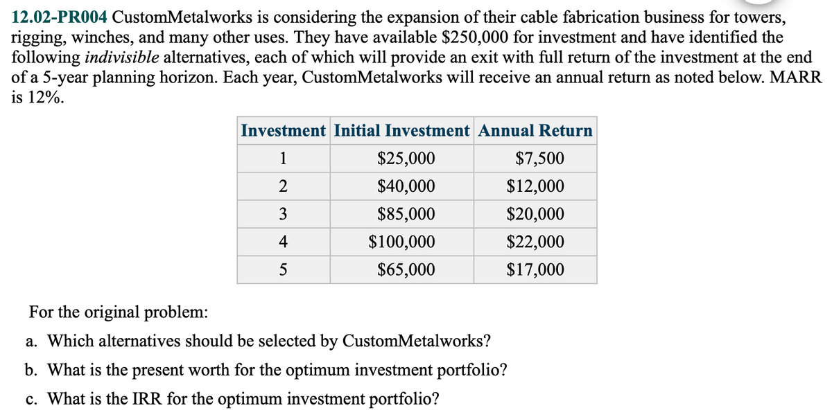 12.02-PR004 CustomMetalworks is considering the expansion of their cable fabrication business for towers,
rigging, winches, and many other uses. They have available $250,000 for investment and have identified the
following indivisible alternatives, each of which will provide an exit with full return of the investment at the end
of a 5-year planning horizon. Each year, CustomMetalworks will receive an annual return as noted below. MARR
is 12%.
Investment Initial Investment Annual Return
1
2
5
$25,000
$40,000
$85,000
$100,000
$65,000
$7,500
$12,000
$20,000
$22,000
$17,000
For the original problem:
a. Which alternatives should be selected by CustomMetalworks?
b. What is the present worth for the optimum investment portfolio?
c. What is the IRR for the optimum investment portfolio?