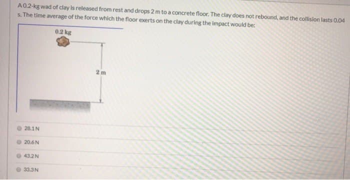 A0.2-kg wad of clay is released from rest and drops 2 m to a concrete floor. The clay does not rebound, and the collision lasts 0.04
s. The time average of the force which the floor exerts on the clay during the impact would be:
0.2 kg
28.1N
20.6 N
43.2 N
33.3N
2m