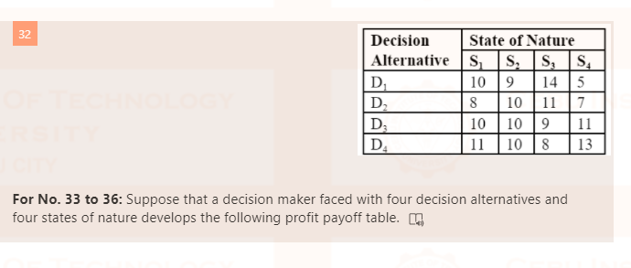 32
Decision
State of Nature
Alternative | s, S; |S, |S.
D,
D,
10
14 5
10
11
7
D3
D4
10 10 |9 | 11
11 10 |8
| 13
For No. 33 to 36: Suppose that a decision maker faced with four decision alternatives and
four states of nature develops the following profit payoff table.
