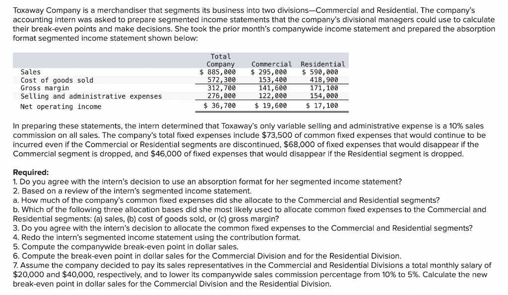 Toxaway Company is a merchandiser that segments its business into two divisions-Commercial and Residential. The company's
accounting intern was asked to prepare segmented income statements that the company's divisional managers could use to calculate
their break-even points and make decisions. She took the prior month's companywide income statement and prepared the absorption
format segmented income statement shown below:
Sales
Cost of goods sold
Gross margin
Selling and administrative expenses
Net operating income.
Total
Company
$ 885,000
572,300
312,700
276,000
$36,700
Commercial Residential
$ 295,000 $ 590,000
418,900
153,400
141,600
171, 100
122,000
$ 19,600
154,000
$ 17,100
In preparing these statements, the intern determined that Toxaway's only variable selling and administrative expense is a 10% sales
commission on all sales. The company's total fixed expenses include $73,500 of common fixed expenses that would continue to be
incurred even if the Commercial or Residential segments are discontinued, $68,000 of fixed expenses that would disappear if the
Commercial segment is dropped, and $46,000 of fixed expenses that would disappear if the Residential segment is dropped.
Required:
1. Do you agree with the intern's decision to use an absorption format for her segmented income statement?
2. Based on a review of the intern's segmented income statement.
a. How much of the company's common fixed expenses did she allocate to the Commercial and Residential segments?
b. Which of the following three allocation bases did she most likely used to allocate common fixed expenses to the Commercial and
Residential segments: (a) sales, (b) cost of goods sold, or (c) gross margin?
3. Do you agree with the intern's decision to allocate the common fixed expenses to the Commercial and Residential segments?
4. Redo the intern's segmented income statement using the contribution format.
5. Compute the companywide break-even point in dollar sales.
6. Compute the break-even point in dollar sales for the Commercial Division and for the Residential Division.
7. Assume the company decided to pay its sales representatives in the Commercial and Residential Divisions a total monthly salary of
$20,000 and $40,000, respectively, and to lower its companywide sales commission percentage from 10% to 5%. Calculate the new
break-even point in dollar sales for the Commercial Division and the Residential Division.