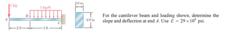 2.0 in.
1 kip
1 kip/ft
For the cantilever beam and loading shown, determine the
slope and deflection at end A. Use E = 29 × 10° psi.
В
4.0 in.
-2 ft-
-3 ft -
