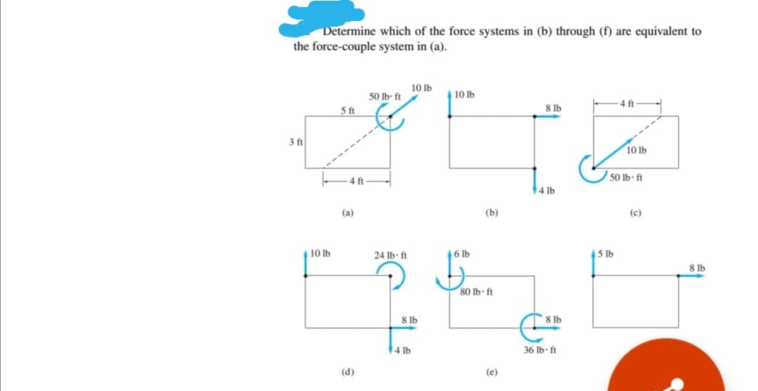 Determine which of the force systems in (b) through (f) are equivalent to
the force-couple system in (a).
10 Ib
50 lb- ft
10 lb
5 ft
8 lb
4 ft
3 ft
10 lb
50 Ib- ft
4 ft
4 lb
(а)
(b)
(c)
10 lb
24 lb- ft
6 lb
45 lb
8 lb
80 lb ft
8 lb
8 lb
14 lb
36 lb- ft
(d)
(e)
