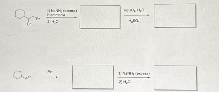 Br
'Br
1) NaNHz (excess)
in ammonia
2) H₂O
Br₂
HgSO4, H₂O
H₂SO4
1) NaNH, (excess)
2) H₂O