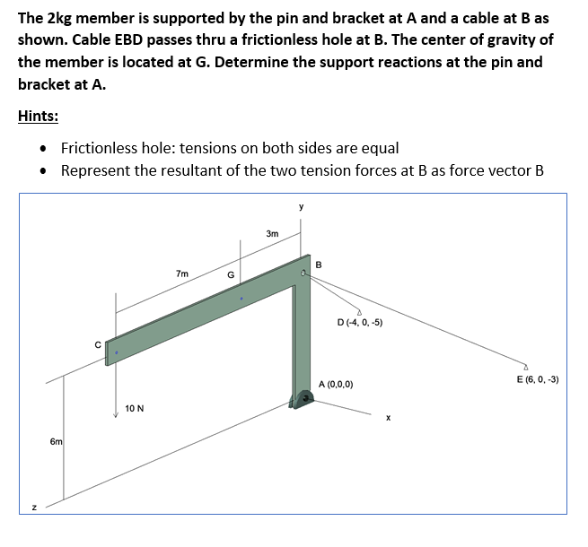 The 2kg member is supported by the pin and bracket at A and a cable at B as
shown. Cable EBD passes thru a frictionless hole at B. The center of gravity of
the member is located at G. Determine the support reactions at the pin and
bracket at A.
Hints:
• Frictionless hole: tensions on both sides are equal
• Represent the resultant of the two tension forces at B as force vector B
3m
B
7m
G
D(-4, 0, -5)
A (0,0,0)
E (6, 0, -3)
10 N
6m
