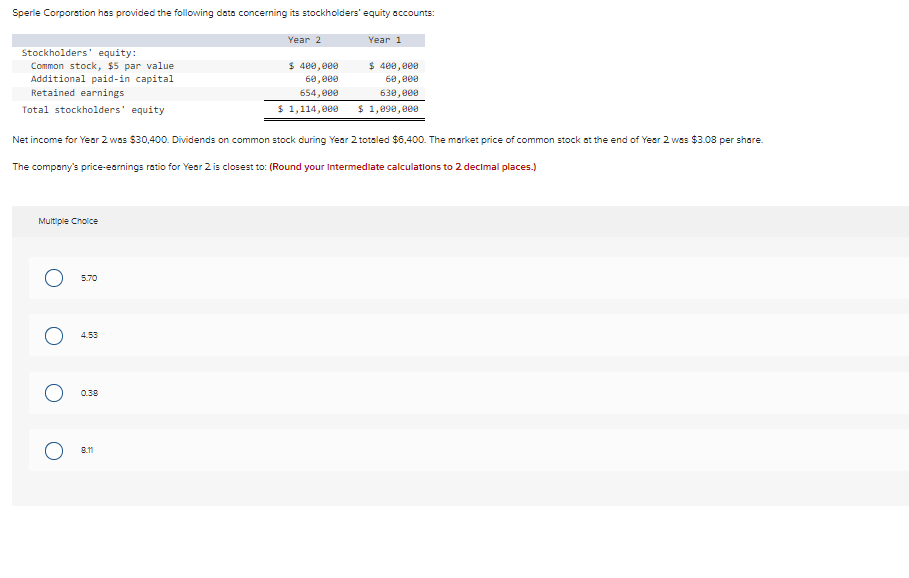 Sperle Corporation has provided the following data concerning its stockholders' equity accounts:
Stockholders' equity:
Common stock, $5 par value
Additional paid-in capital
Retained earnings
Total stockholders' equity
Year 2
Year 1
$ 400,000
60,000
654,000
$ 400,000
60,000
630,000
$ 1,114,000
$ 1,090,000
Net income for Year 2 was $30,400. Dividends on common stock during Year 2 totaled $6,400. The market price of common stock at the end of Year 2 was $3.08 per share.
The company's price-earnings ratio for Year 2 is closest to: (Round your Intermediate calculations to 2 decimal places.)
Multiple Choice
о
5.70
4.53
0.38
8.11