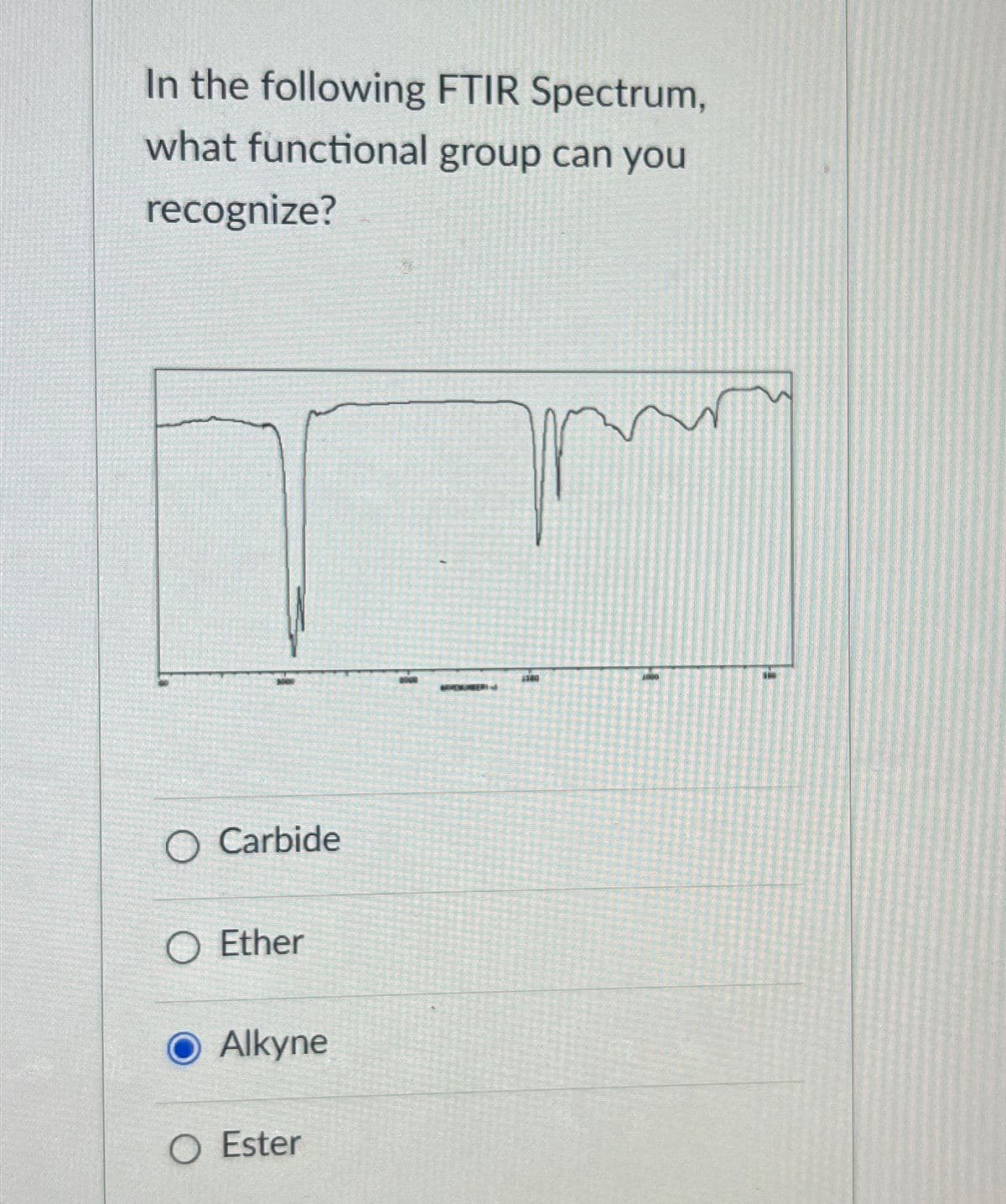 O Carbide
O Ether
Alkyne
O Ester
In the following FTIR Spectrum,
what functional group can you
recognize?
H
340